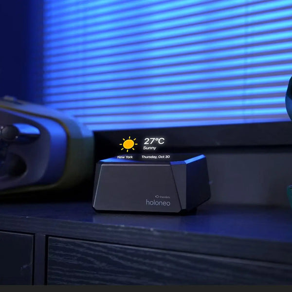 Holoneo AI air display interactive weather desktop view with gesture control